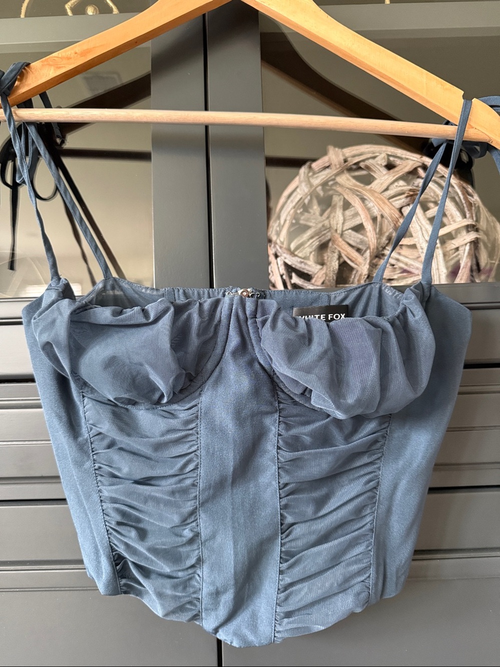 White Fox Blue Ruched Bustier Crop Top